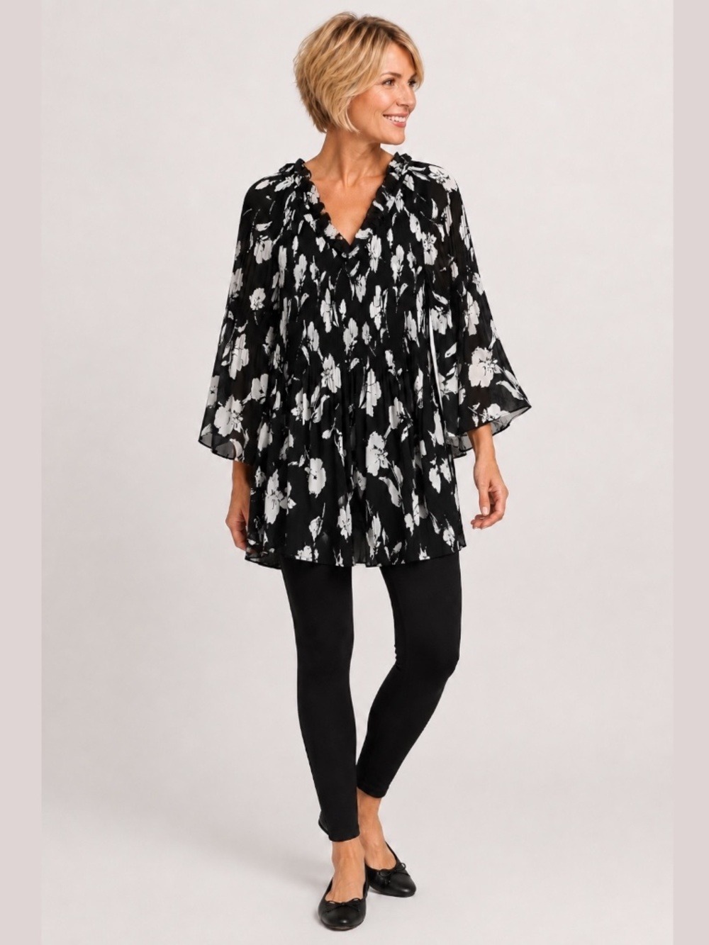 NINETY CLOTHING CO. Poly Chiffon Bell Sleeves Tunic w/ Smocking Pleating Detail